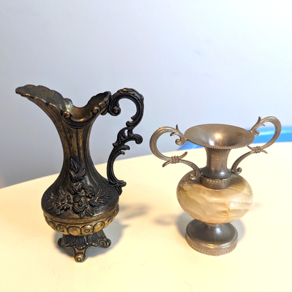 Vintage Brass & Onyx Miniature Flower Vase and Italian Brass Floral Vase Pitcher